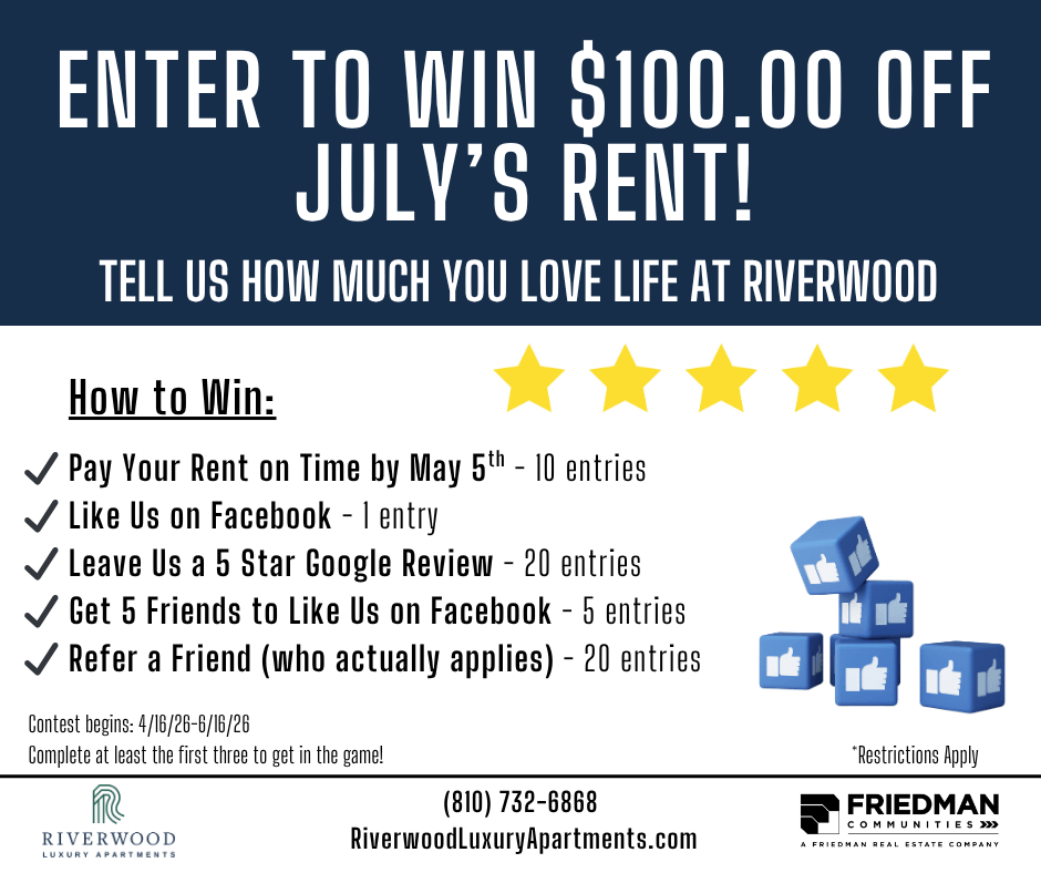 Enter to Win $100 Off July Rent at Riverwood